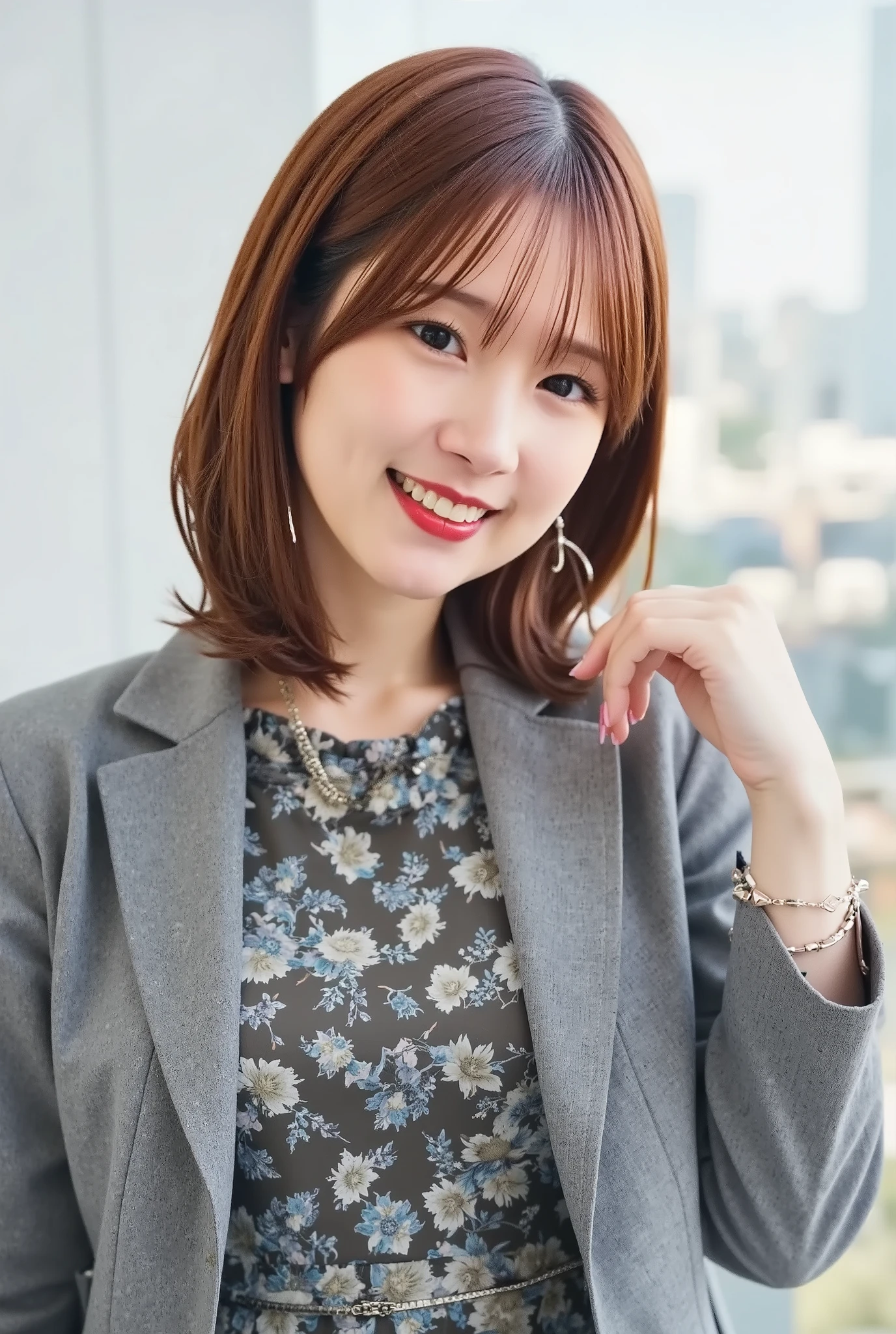 Neat Young Woman、and look at the camera、office lady suit、jacket、shirt、necklace、ear piercing、、、smile showing teeth、背景はオフィス
