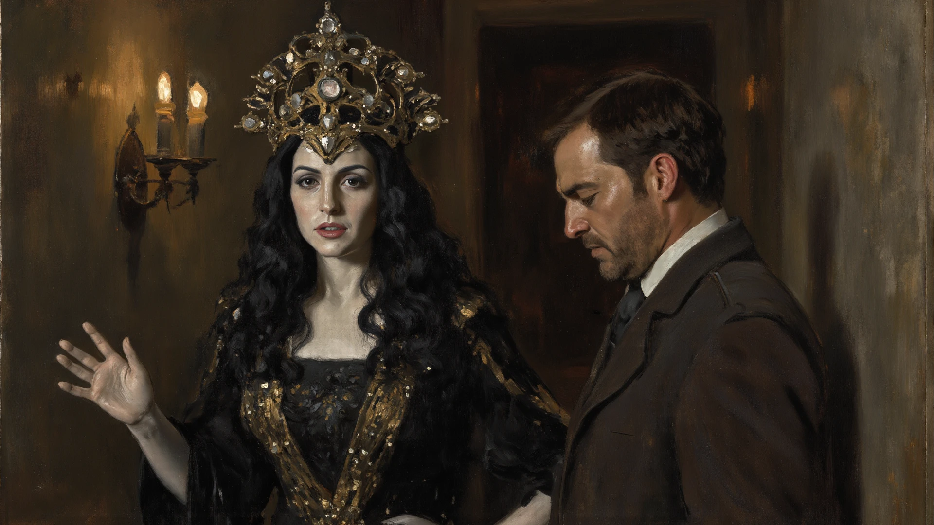 there is a man and woman standing next to each other, inspirado em Alexandre Cabanel, pintura digital renascentista, inspirado em Georges de La Tour, inspired by Barthélemy d'Eyck, inspirado em Frederic Leighton, inspirado em Hubert van Eyck, cena do filme close up, inspirado em Francesco Hayez, slav epic, pintura digital barroca