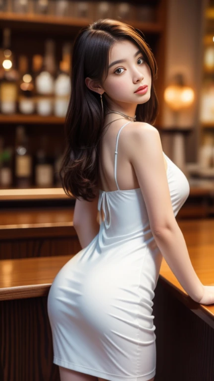 Best-quality, Masterpiece, Ultra-High-Resolution, (Photorealistic:1.4), Raw-Photo, at hotel bar, 1girl, 15-years-old, the most famous Japanese idol, cowboy-shot, upturned ass, (extremely cute face like the most popular Japanese idol, (extremely beautiful big-black-solid-circle-eyes), extremely beautiful hair), extremely beautiful skins, extremely realistic skins, extremely beautiful long-eyelashes, extremely beautiful lips, innocent smile, wearing evening-dress with stylish-design