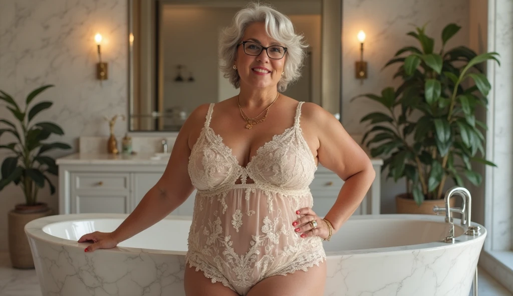 Mature old woman 80 years with silver hair, plus size, old face and body with many wrinkles, smiling, loose skin, standing at bedroom posing for photo, She wearing orange bodysuit with large neckline and lace stockings and glasses side view. jaw dropping mature older beauty, old face and body with wrinkles, legs are visible, old face, attractive grandma, a gorgeous old hair, beautiful old grandma, lovely older mature grandma, gorgeous beautiful grandma over 80 years old, beautiful silver hair grandma, beautiful detailed body and face, a beautiful old granny