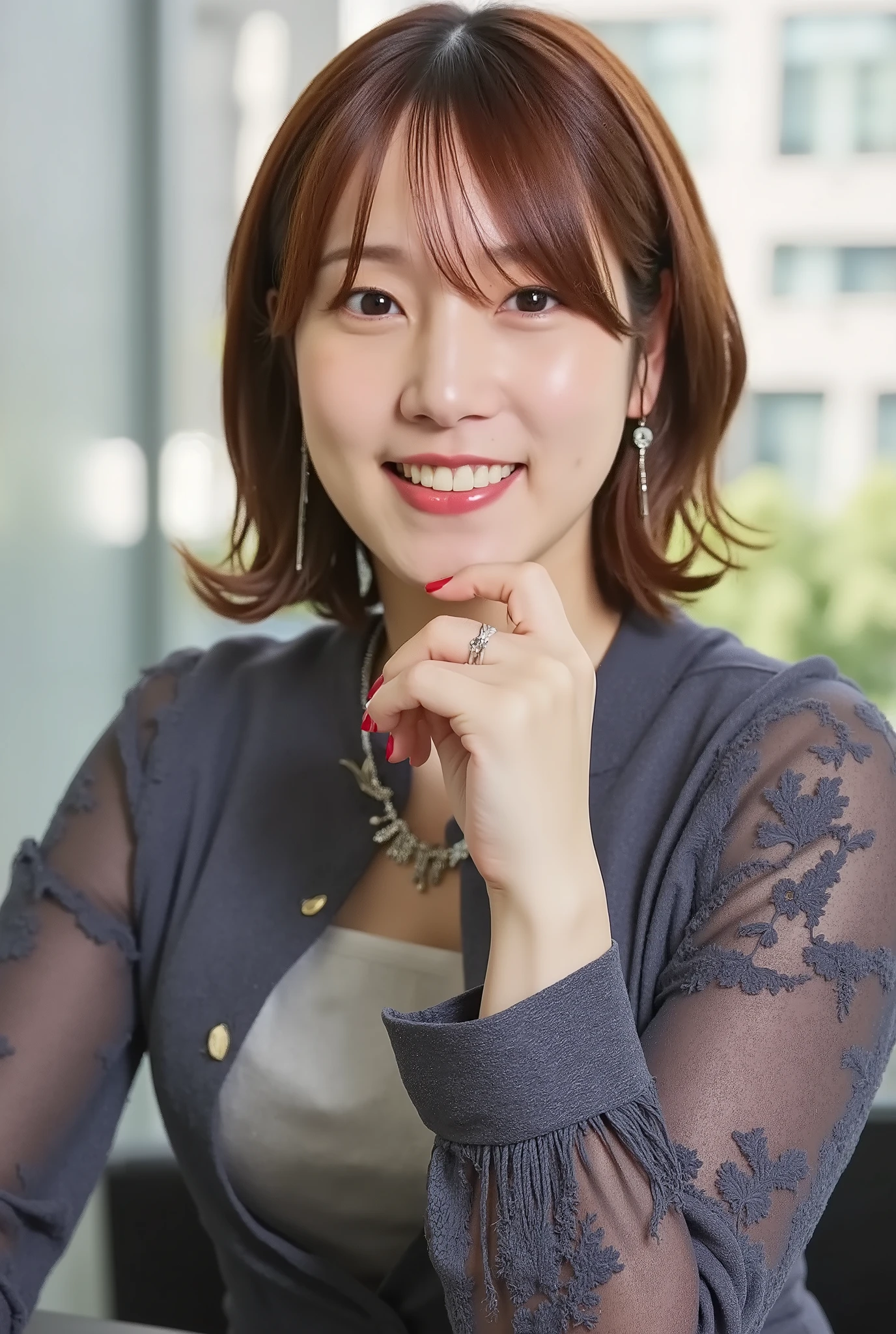 Neat Young Woman、and look at the camera、office lady suit、jacket、shirt、necklace、ear piercing、、、smile showing teeth、背景はオフィス