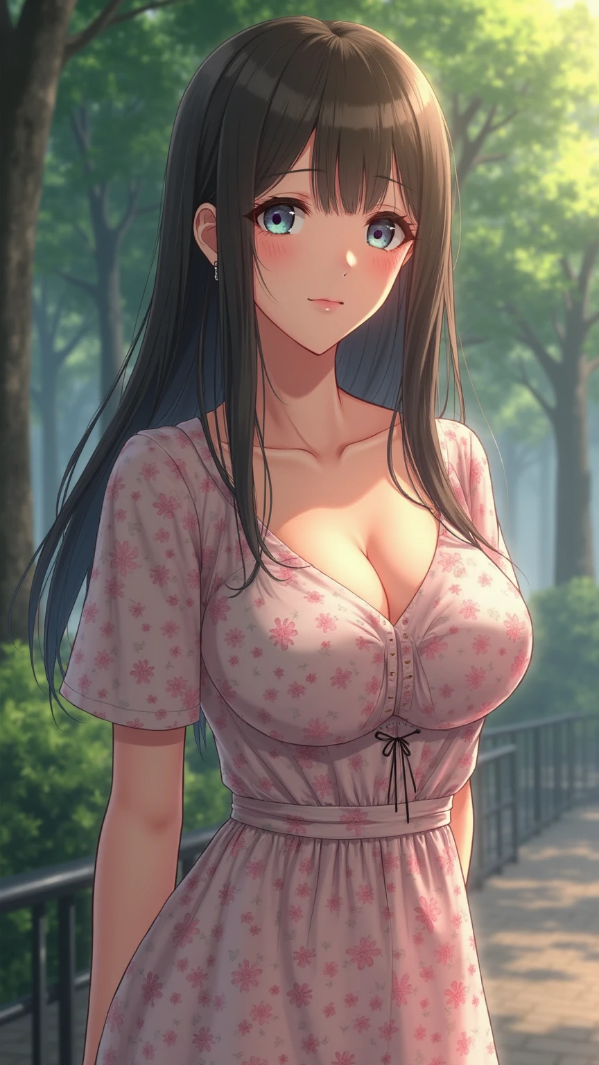 Cute mommy, mature women, realistic skin,perfect ,black hair, long hair, (hair over one eye:1.4), messy hair, hair between eyes, appron,pink mini skirt, chubby,plump,fat,pucker lips,cute shy blush on,garden, under tree,night 