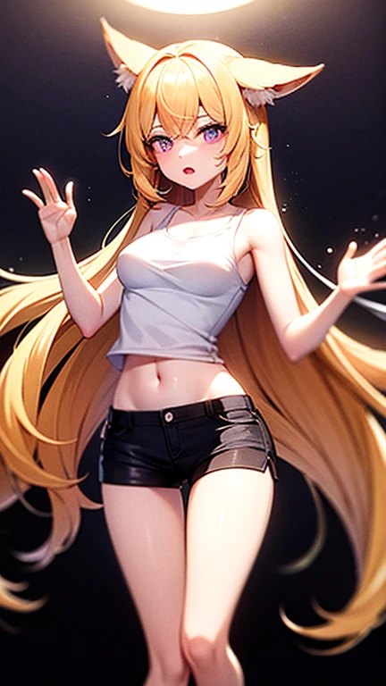 1 female,golden hair,25 years old,(((blue shiny micro tight skirt)))((white tank top))(((blush、open mouth smile)),(((straight hair))),(((portrait))),crowd,,(wet with sweat)(sexy black bra and see-through tank top)()(((small breasts)))