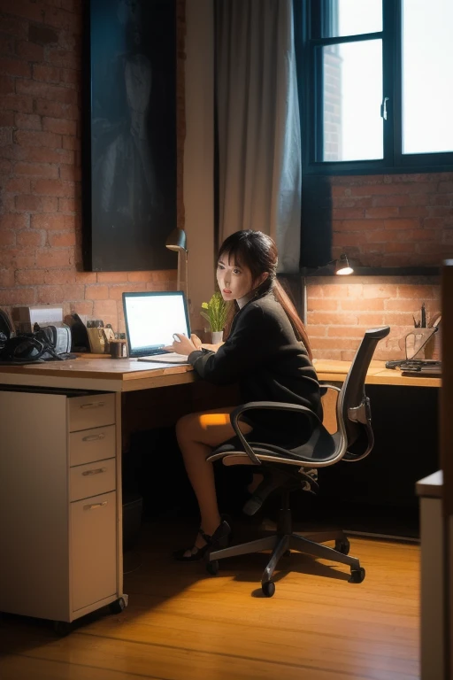 There was a woman sitting at her desk，Holding a laptop, sitting at a computer desk, sitting in front of the computer, sitting in front of the computer, Sitting at your desk, sitting at desk at keyboard, Sitting at your desk, Good posture, well lit professional photo, in front of a computer, sitting behind desk, sittinng on the desk, Sit Pose，in a panoramic view
