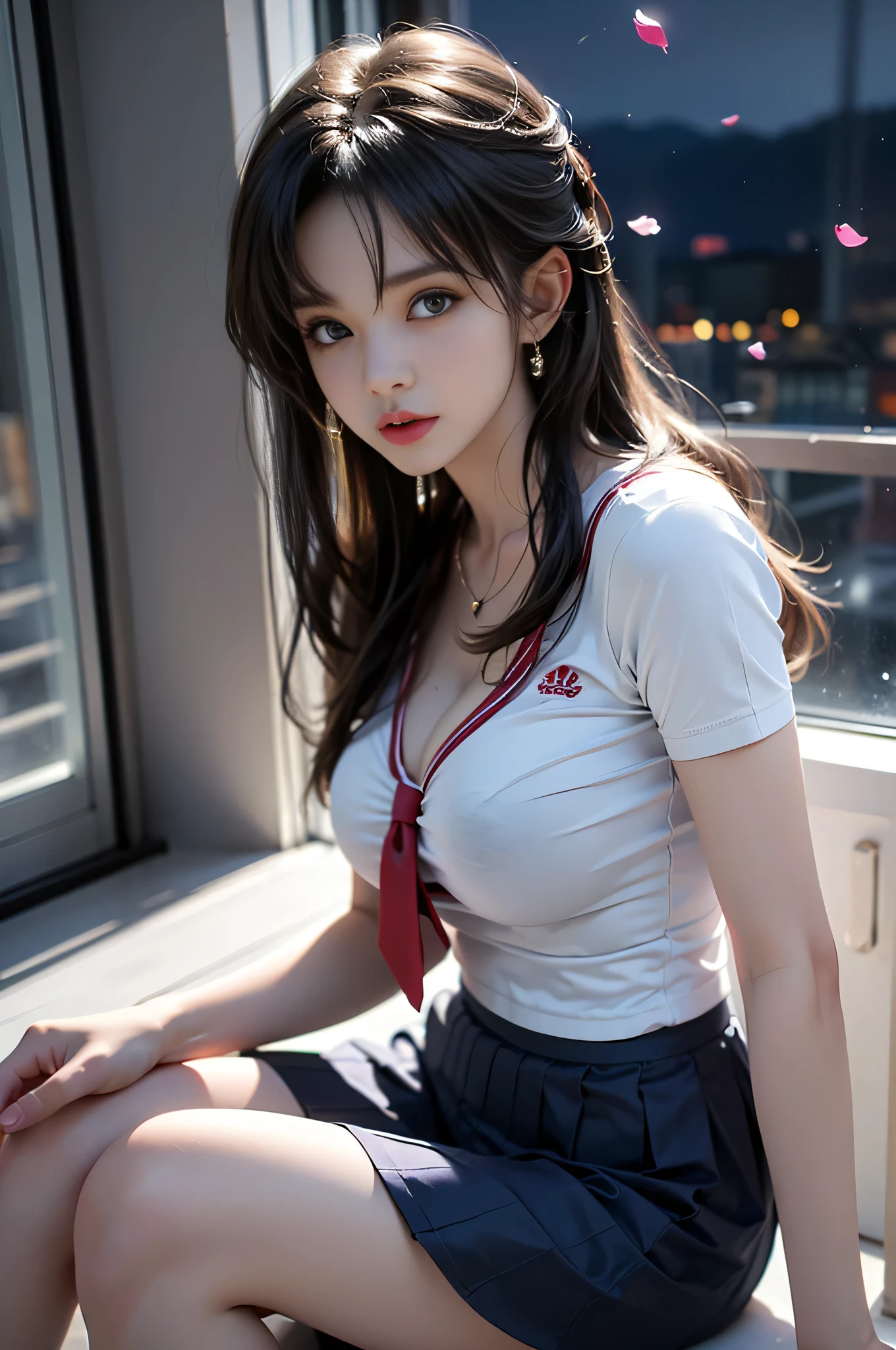 (8k, RAW photo, photorealistic:1.25) ,( lipgloss, eyelashes, gloss-face, glossy skin, best quality, ultra highres, depth of field, chromatic aberration, caustics, Broad lighting, natural shading,Kpop idol) looking at viewer with a serene and goddess-like happiness, highschool classroom, sailor uniform, mini skirt