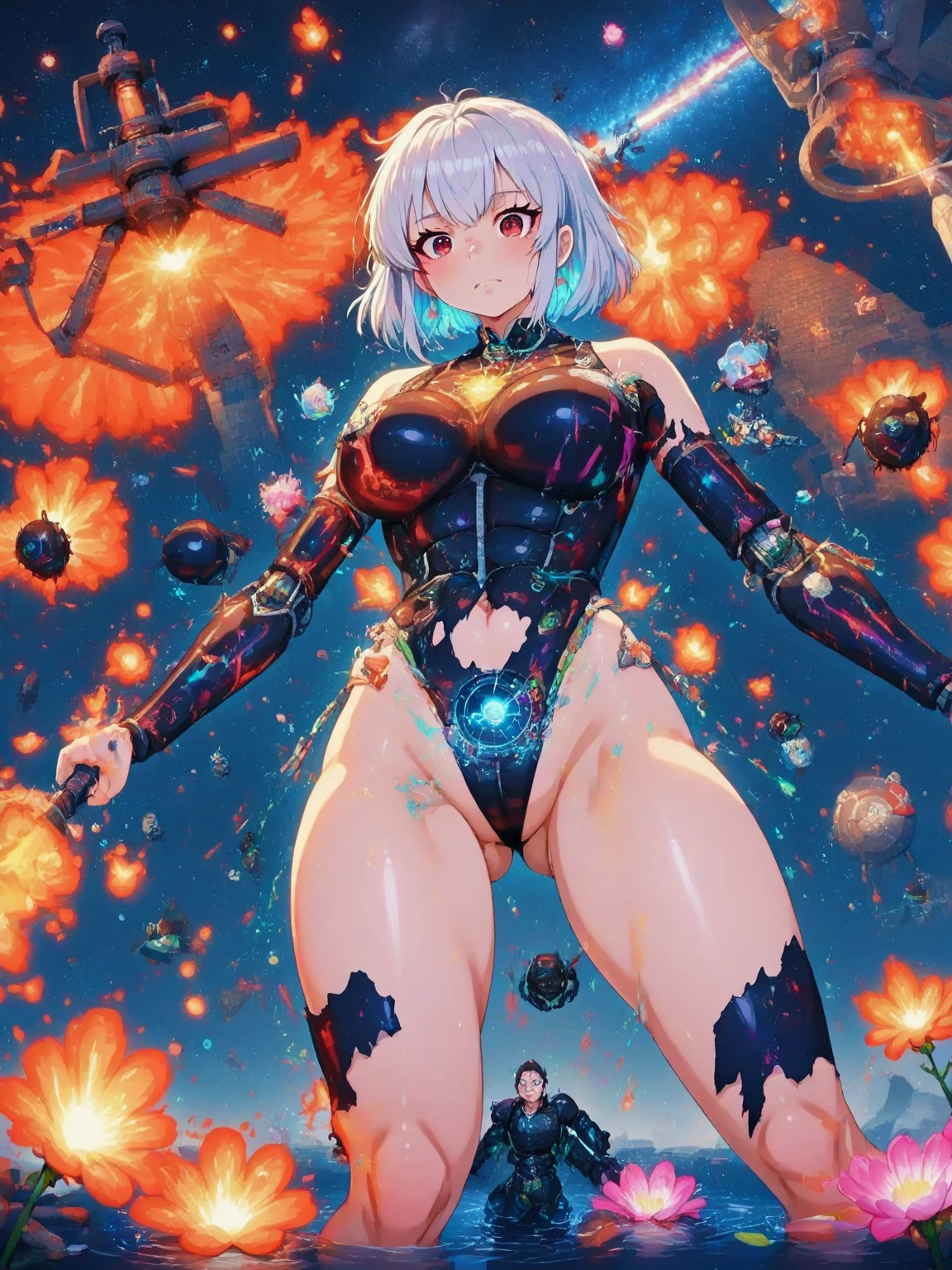 A giantess who is 100 meters tall,looking down on the camera,Delicate face,Clothes are not covered,Has a colorful extra-long braid that drags on the floor,Huge, exaggerated,Pronounced abs,Super long legs that occupy two-thirds of the body,Unbelievably super huge exaggerated buttocks,There are also nine long tails on the butt,A pair of huge wings that cover the sky behind it,A pair of extra-high heels with a unique shape,Tattooed with,Ultimate perfection in detail,full body shot shot