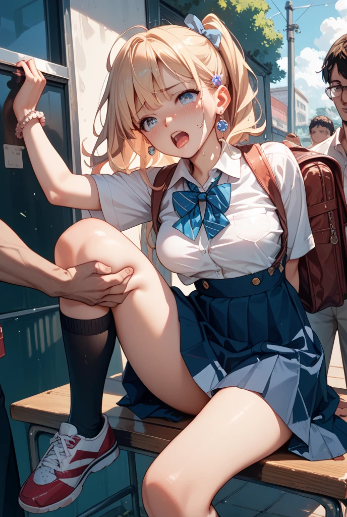 Character Focus、From above(school uniform:1.3), (Plain beige clothing around the waist:1.5), (West knot:1.3), (white collared-shirt:1.4), ((white collar, Unbutton, Short sleeve):1.2), (Red Plaid Pleated Skirt:1.3), ((necklace, Colorful Bracelets, ×Hair accessories):1.2),
Very detailed、(8k, RAW Photos, highest quality, masterpiece:1.2), (extremely detailed 8k wallpaper),shape、Professional Lighting,Sharp focus, Written boundary depth、
Browsing Caution、Clear Eyes、Perfect Anatomy、With a girl、15-year-old student、Black Gal(Dark Skin:1.2)、(Oily skin,Glowing Skin,Shiny skin,Sweat:1.2),smile、Plump thighs、Huge 、Fully exposed、Big Breasts,(gap between buttons:1.4)、Lift up your skirt、blue eyes、blonde、(Compensate:1.1)、(Black High Socks 1.6)、:1.6、Brown Loafers、sitting、((open legs:1.5)),On the street、Pastel colored pantiesが見えている、((Pastel colored panties))、((Shiny panties))、((Normal position:1.4))、(((Squatting pose))),((I was made to sit with my legs open...))、cowgirl position, squatting, spread legs、, blazer,