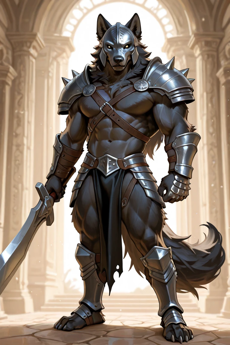 Anthro male black wolf knight holding a two-handed greatsword, alone, arrogant expression, masterpiece, Best Art, whole body, by violinist taran, detailed eyes, detailed body, claws, high, top-less, Pecs, ABS, shoulder pads, standing, black and blue panties