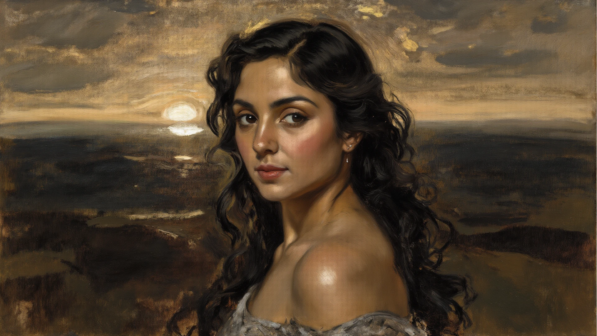 mexican 22 year old beautiful woman, black hair, beautiful face, upturned eyes, Carolina Herrera designed white strapless dress, mexican countryside background, glamorous, elegant composition, mysterious mood, 8k, style of Jacques-Louis David