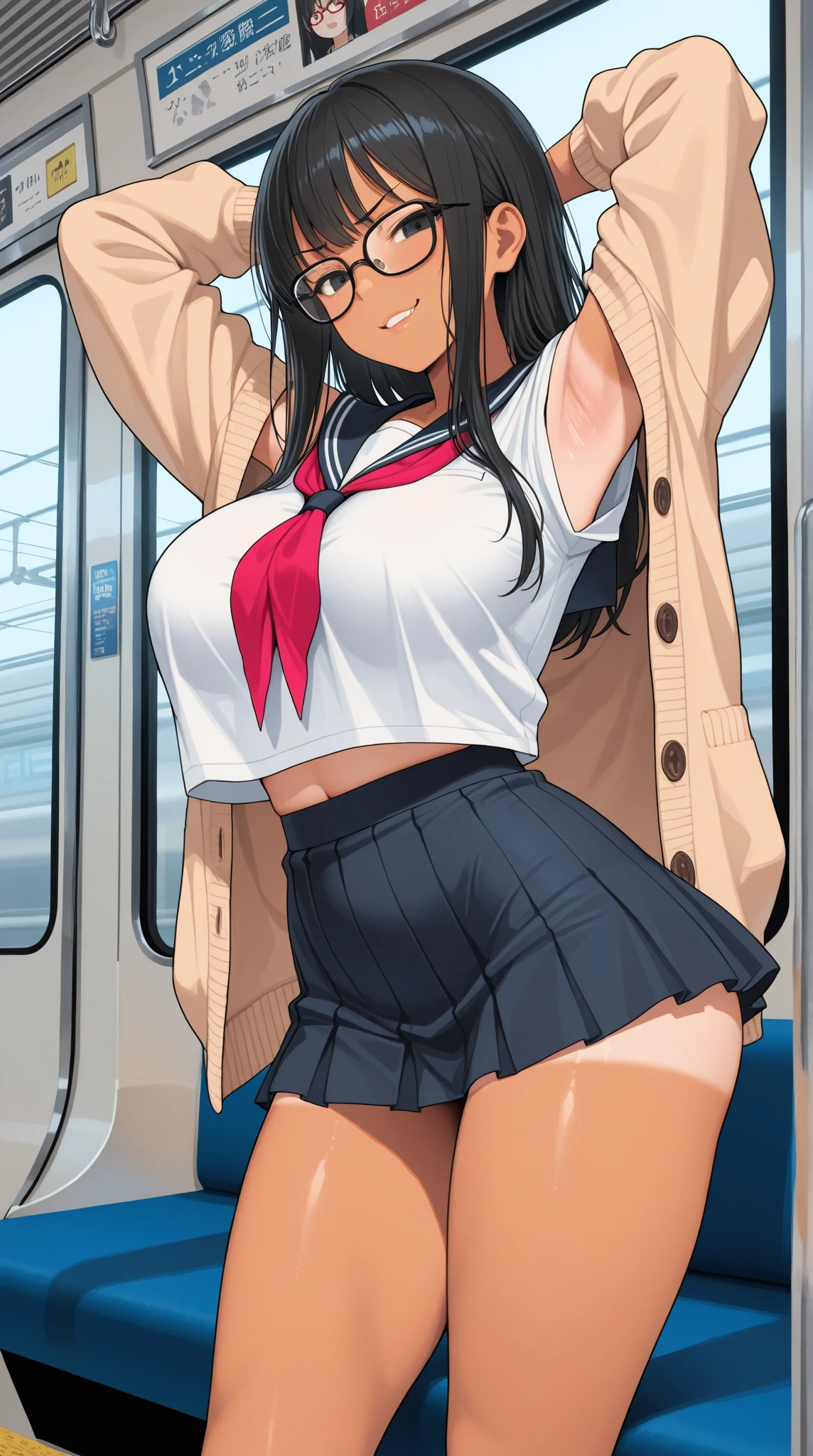 A beautiful woman with long black hair, big breasts, and beautiful legs is wearing a sailor uniform with a white miniskirt, showing off her light blue and blue striped panties and standing proudly glaring at a middle-aged office worker on a crowded train.。