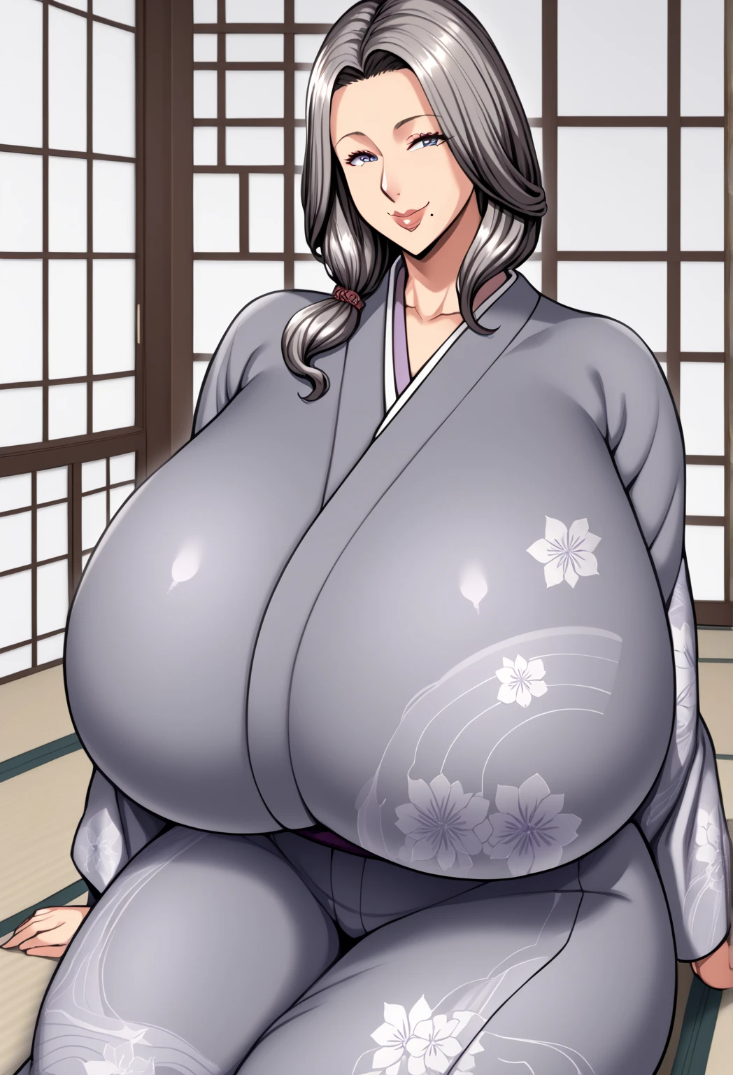 1 girl, japanese clothes, Yukata, Upper part of the body, (mature woman:1.5), gray fur, purple eyes, pretty eyes, seductive smile, masterpiece ara ara, Best Quality, intricate details, anime screencap, flat color, dimples on the buttocks, big ass, curves, big breasts, Wide hips, thick thighs, pale skin, panties,