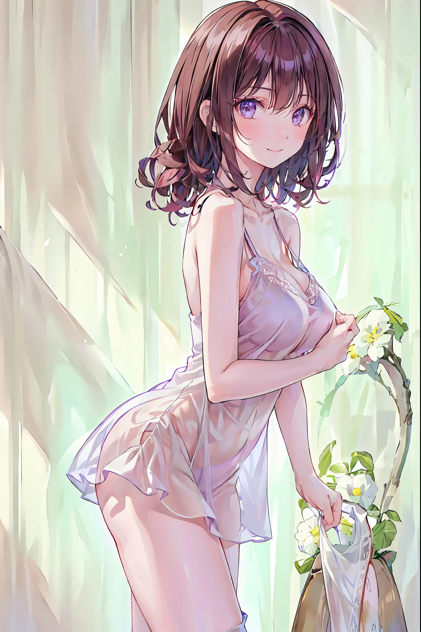 A lovely woman (sheer shimmering over exposed evening dress, safe for work), dancing and enjoying herself in a gala full of bright flowers, fairyland