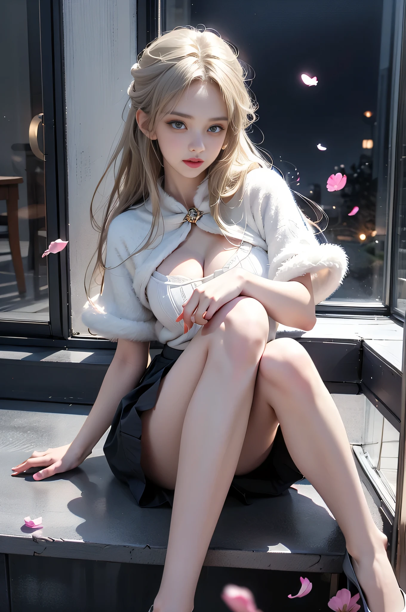 kegawacape,fur capelet,, ((masterpiece, best quality, ultra highres, realistic:1.4)), (Random shooting Angle), mix4, (At night, moonlight:1.3), beautiful detailed face, (photorealistic:1.37), (sexy long legs:1.2), slender figure, ((By the window, sit on the windowsill, The windowsill position is relatively high.)), (Full breasts, large breasts, visible cleavage, and very short skirts), one leg extended, the other leg naturally bent at the knee, accurate and beautiful leg shape, exquisite face, one hand gently lifting the skirt, long hair blowing in the wind, soft shadows, depth of field, (detailed background:1.1), (ambient occlusion:0.3), (Many scattered petals, petals dancing in the air)
