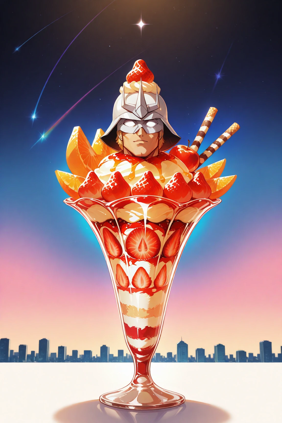 doro, , A fruit parfait with sweets in the shape of the upper body of the character Char Aznable from Mobile Suit Gundam on the pinnacle, white helmet, white eye mask under mask, Military uniform, white corner emblem symmetrically on the forehead, depicts only the upper body, masterpiece, top quality, very detailed, Great Quality, Newest, very detailed, Extremely Aesthetic, very high resolution, dessert fruit parfait, cute little style, fruit A delicious fruit parfait filled with colorful fruits in a parfait bowl, Rainbow-colored Char　Aznable image space background with light flowing, helmet that shines like sugar , Mr.々dessert, helmet riding on a macaron-shaped table floating in the sky, surrounded by strange sweets and vivid colors and turns into a fun assortment of sweets, a sight full of wonder and joy, cute fruit parfait topped with Char Aznable's upper body sweets , city background designed by Pixar Animation, 
