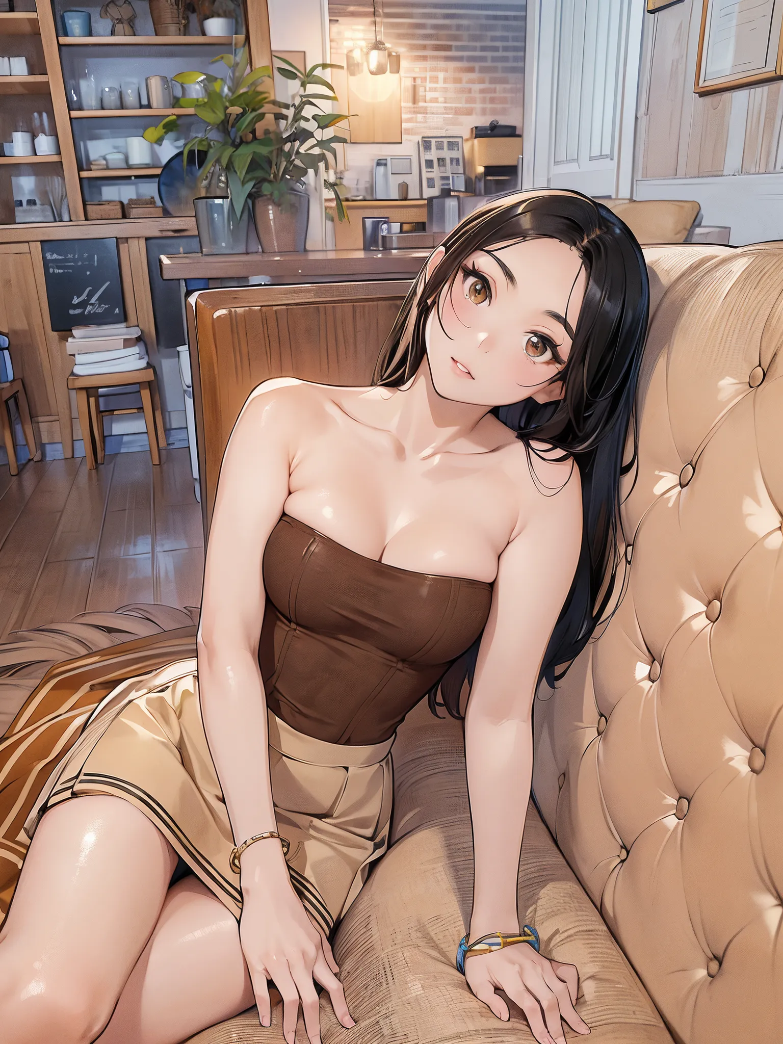 a MILF in her late 40s is in a sexy black dress as she is in your living room. she has long black hair and brown eyes. she is not happy to see you