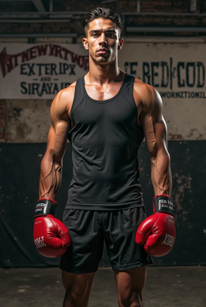 inside old warehouse, high ceiling, red brick walls, a boxing ring, serious expression, JohnnyB wearing (gray tank top), red boxing shorts, red boxing boots, (red boxing gloves), boxing pose, dynamic pose, (((full body portrait))), wide angle <lora:JohnnyB:0.8>