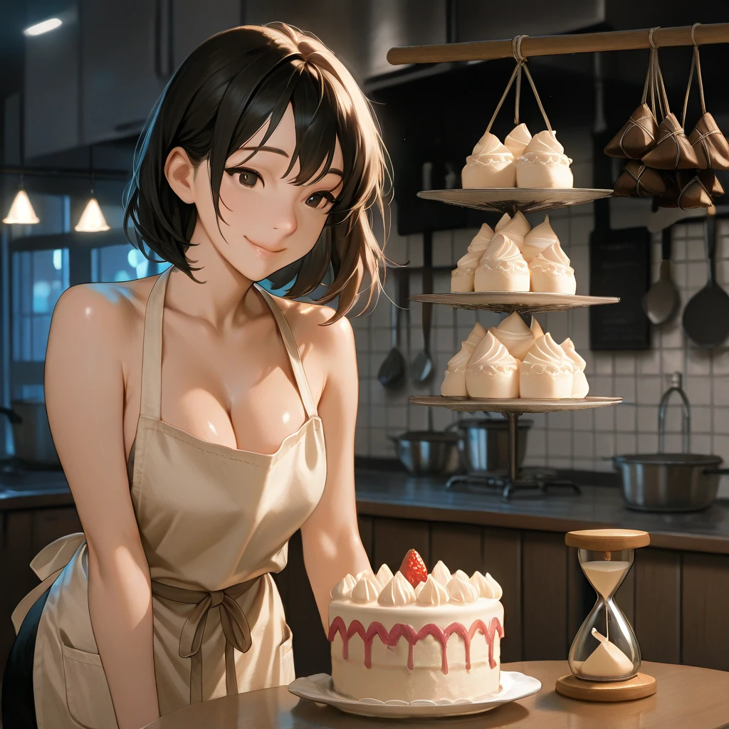 (masterpiece:1.2), (best quality,:1.2), 1girl, full body shot, large breasts, short hair, black hair, high ponytail, fit and petite body, shy, blush, smile, standing, serving drinks, holding plate, luxurious living room, 
 <lora:maid_bikini:0.75>, ((light purple) bikini), frills, maid head veil,
