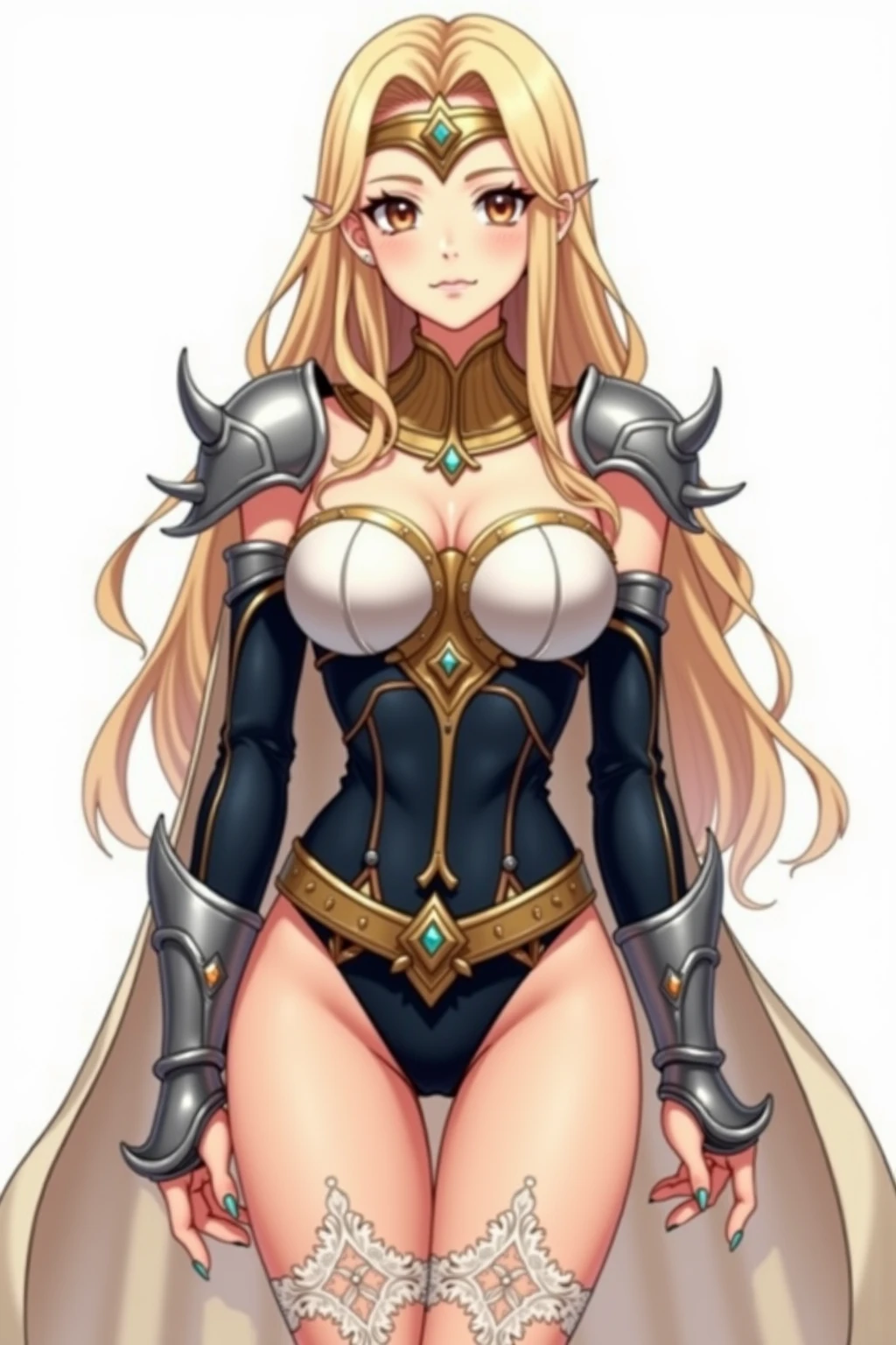 "(masterpiece:1.1), best quality, NSFW,
1girl, (80s anime style:1.3), (eyelashes:1.5), (loli:1.2),
(intricate high detailed body:1.2),
(blonde hair:1.1), (blunt bangs:1.1), (long hair, twin bun:1.1), (hair ribbon:1.2),
purple eyes,
(dark skin:1.5), (huge breasts:1.1),
(angry, smile:1.2),
(lace leotard armor, navel cutout, tattoo:1.2),
(knight armor, armored boots:1.2), (suspenders:1.1), (earrings:1.1), gauntlets,
standing, arms behind back,
(full body:0.5), (looking at viewer, from front:1.1),
(daytime, grassland, outdoors:1.2)"