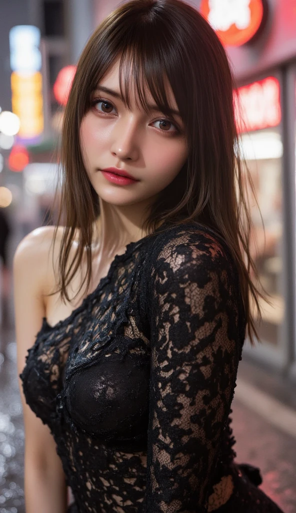 premier quality, Masterpiece, ultra highres, (photoreallistic: 1.4), Photo brute, 1 fille, cheveux noirs, Peau brillante, 1 mechanical girl, (Ultra realistic detail)), portrait, Illumination globale, ombre, octane rendered, 8k, Ultra pointu, grand, cleavage exposed raw skin, metal, intricate ornament details, Japan Details, very intricate details, realistic light, Tendance CGSoation, yeux violets, Des yeux brillants, facing camera, neon details, machanical limbs, blood vessels connected to the tube, mechanical vertebrae attached to the back, mechanical cervical attachment to the neck, assis, wires and cables connecting to head, Gundam, petites lampes LED,