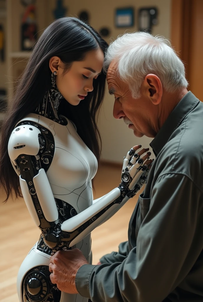 Realistic illustration style，An old man with a bald head and glasses，Arm around a young man、Beautiful silicone woman。Full body like。He showed an extremely satisfied and happy expression。 --auto --s2