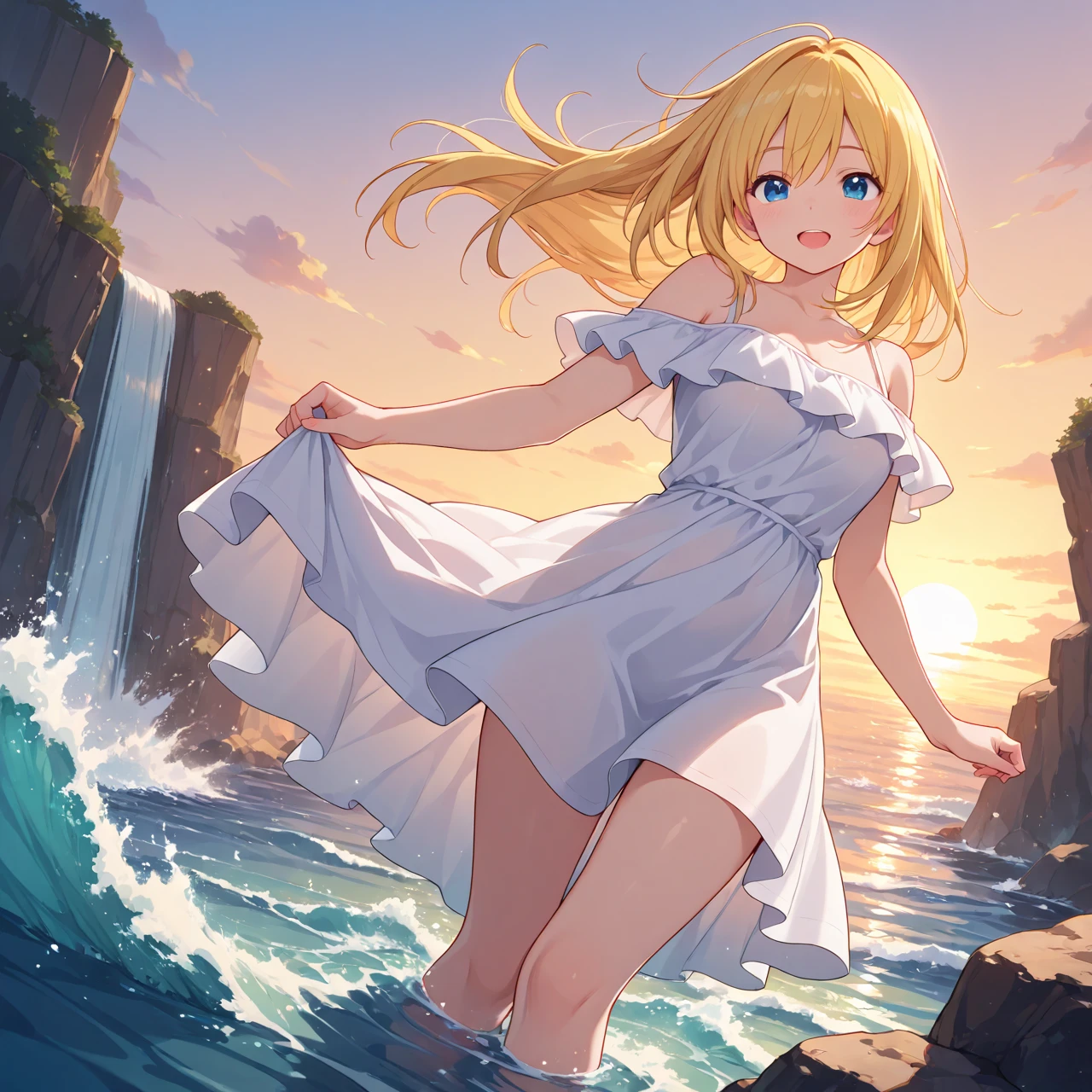 animemanga girl,,There is no underwear on the lower body,Wearing a white dress and being blown up by the wind, it is exposed,Blush and shy