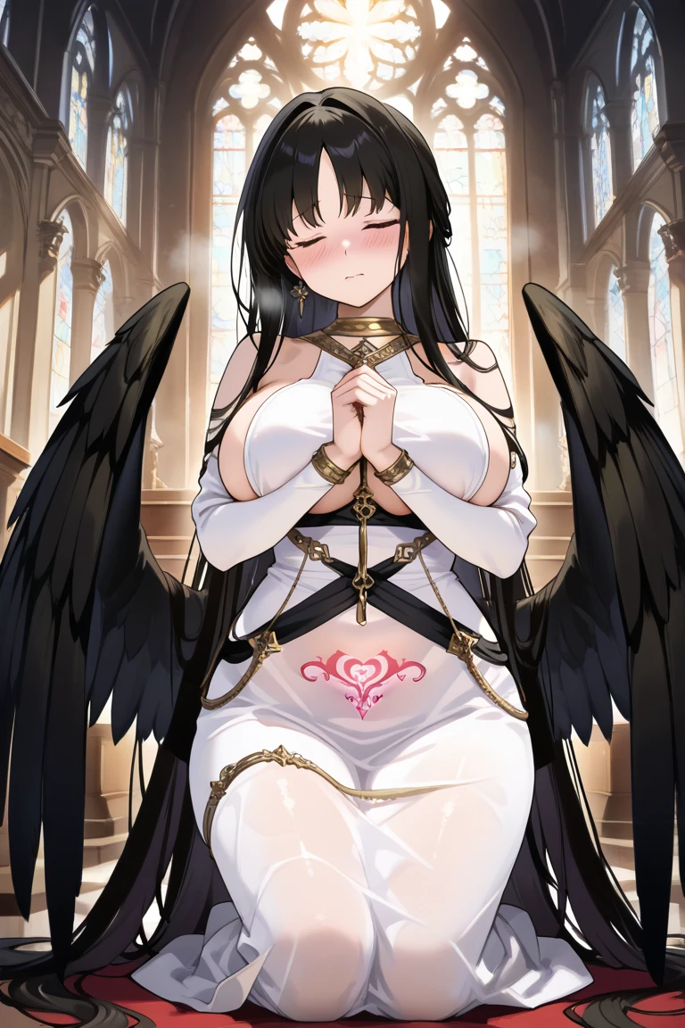 BREAK looking at viewer, BREAK (masterpiece:1.2), best quality, high resolution, unity 8k wallpaper, (illustration:0.8), (beautiful detailed eyes:1.6), extremely detailed face, perfect lighting, extremely detailed CG, (perfect hands, perfect anatomy),church,benches,icons,candles,crosses,night,dark atmosphere,low light,albedo, ahoge, black hair, horns, long hair, (yellow eyes:1.5),skinny fit,
bare shoulders, belt, black wings, collarbone, dress, feathered wings, frills, long sleeves,necklace, off shoulder, off-shoulder sweater, sweater, sweater dress, thigh strap, white sweater, wings, wrist ribbon, thighs,maniac smile,stockings,medium breast,full body,high heels,standing in middle of church,from below,long legs,fishnet,fishnet stockings.