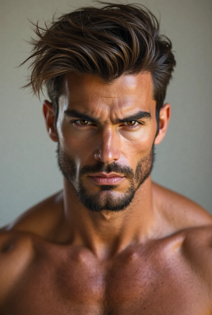 Hombre joven, Brown hair, ojos oscuros, barba incipiente, piel morena, cejas gruesas