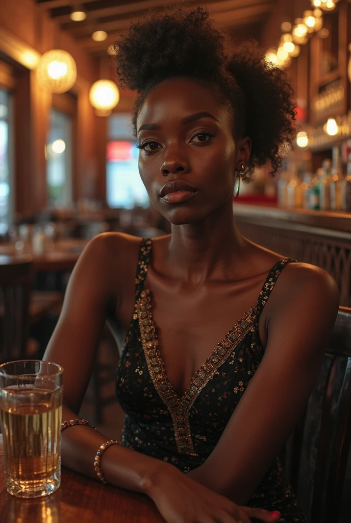 A beautiful African woman dines in a chic restaurant.