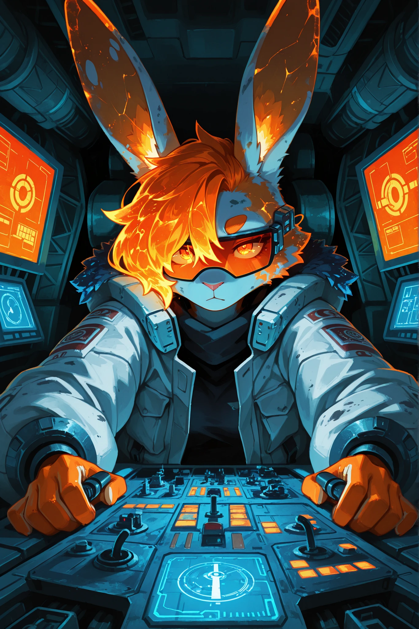 ((masterpiece, best quality, ultra detailed)), ((dirty sci-fi)), ((furry, anthropomorphic)), ((rabbit)), ((female)), ((alone)). She sat confidently inside the complex cockpit of a gigantic battle mech, hands on joysticks, surrounded by holographic displays and intricate wiring, sci-fi aesthetic. Inside view of the cockpit, looking focused, detailed control panel, interfaces glowing orange.