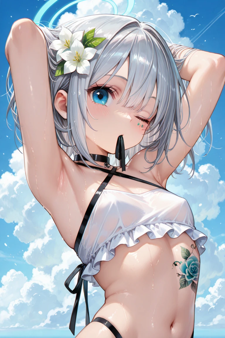 ((Best quality)), ((masterpiece)), (detailed), (perfect face), (very young woman), (((very slim and very skinny body, narrow waist))), ((small breasts)), ((white straight hair)), blushes and smiles, almost naked, ((clean shaved crotch and perfect pussy)), ((red cervix-shaped crotch tattoo)), (((dressed in white thin (absolutely transparent) extremely small micro bikini with absolutely transparent very low-rise extremely small micro thong))), public crowded beach
