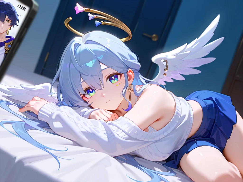 Anime, girl, teenage, short hair, white hair, plae blue eyes, cool, earrings, wearing a white over size t-shirt and panties, cute, angel wings and halo ring, medium boobs, laying on the bed, cigarette packs, Capsule medicine,