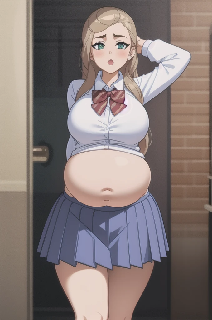 (masterpiece, best quality), 1girls, big belly, blurry background, huge belly, art by kipteitei, round belly, chubby, curvy, white button-up shirt, skirt, thighhighs, simple_background, gradient_background, belly bursting out of shirt, belly grab, enormous belly, fat belly, thicc, bigger belly, sitting on chair, really big belly, jiggly belly, shirt covering belly, belly cover by shirt