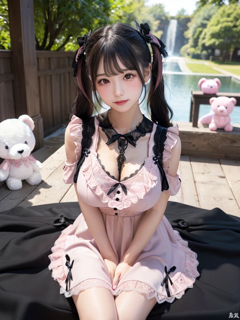((highest quality)),(超A high resolution),(Very detailed),(Detailed Description),((The best CG)),(masterpiece),Highly detailed art、Small breasts、Whitening 1.5、(((Naked 1.5)))、Ribbon hair ornament、Twin tail hair、Sparkly necklace、Ultimate Beauty 1.5、(((Surrounded by countless stuffed animals 1.5)))、