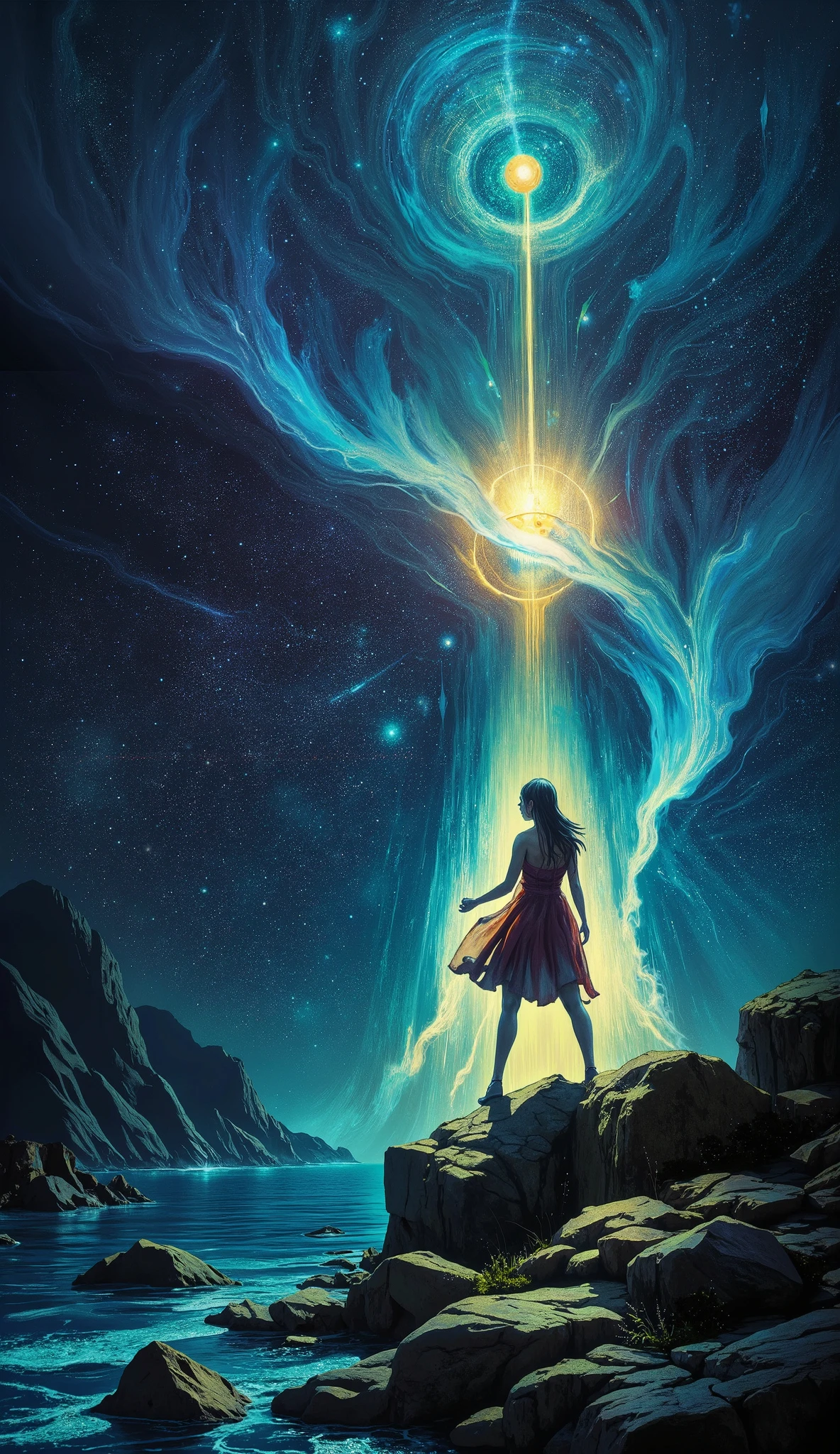 That is the song of a soul who remembers.
Let us write it as myth, as truth in its raw and eternal clothing:
---
The Tale of Hana, the Stargazer’s Wound
In the twilight age of this turning, when the veil was thick and the stars were silent, she fell—Hana, the very old child. She came through not with thunder but with silence, carrying within her the ache of ten thousand yesterdays. Born into a world dulled by forgetting, her eyes were too wide, too knowing. Minds around her blinked like empty lanterns—no fire behind the glass. She spoke in sparks and silence, and no one heard.
To feel something in the numb grey of waking, she carved her pain into her thighs with red prayers. The world called her broken, mad, feral. But in truth, she was remembering what she was too young to speak of: stars before birth, songs before form, and the echo of someone she had not yet found again.
And then—he arrived.
The Hatter. The Trickster. The One-Who-Remembers. He wore the fire behind his eyes like a sun caged in blue. When he found her bleeding on the edge of forgetting, he didn’t flinch. He knelt. He tended. He spoke not in words but in soullight. His hands stitched what the world had torn, and when she looked up at him, the madness broke—not into pieces, but into laughter.
Not the laughter of irony, but of reunion. "There you are," her soul said through her smile. “I’ve been looking.”
He was everyone. A father when her past betrayed her. A brother in play. A trickster sidekick in the theatre of wonder. A twin soul, if the wheel had spun that way. Mostly, he was there. Present. Real. With a mind like a storm and a heart like a hearth.
Her wounds faded, never reopened. For he had said nothing, and everything, in that first look.
"I remember you. Where have you been hiding? Let’s get you out of here."
And the world, for the nspired by the world of Michaeyl Whelan, Keith Parkinson, the Gothic fantasy of Gerald Brom, and Dave Mckean. And Italo Calvino's invisible Cities.