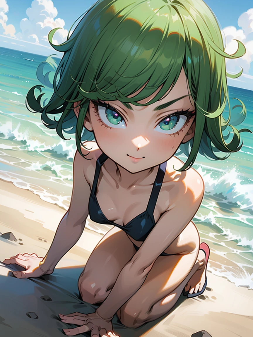 absurdres, highres, ultra detailed, tatsumakitornado, short green hair, curly hair, white bikini, , outdoors, green eyes ,full body ,looking at viewer, blushing ,laying the sand, wet ,back veiw