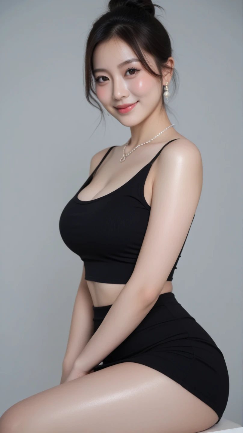 8K picture quality、high resolution、Realistic skin texture、high resolutionの瞳、Miss、日本夏季办公室Miss、Sleeveless knitted shirt、Princess hairstyle、Thin、、Large Breasts、(a charming smile:1.2),(Dark red plaid pleated skirt:1.5),  Brown hair、Thin脚、Large target、Sweat accumulates on the chest、roof、Comb your hair up