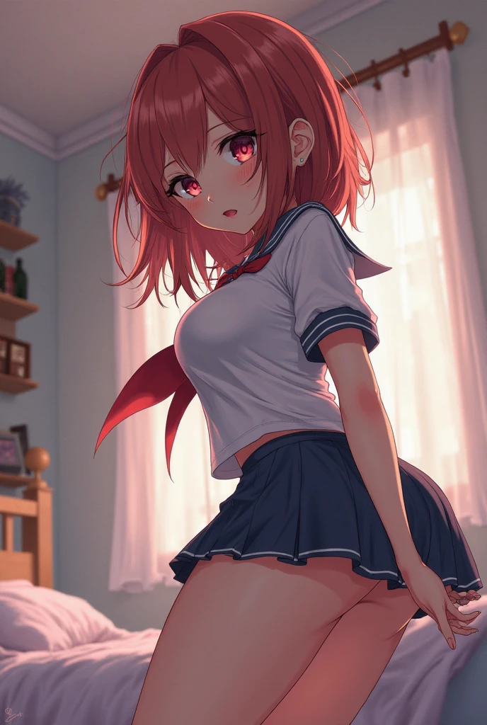 room, 1 Girl, Highest quality, Ultra-high resolution, Long Hair, Redhead, Green Eyes,Sailor suit、skirt, Looking at the audience,On all fours、Backwards、look back、 Small breasts, Are standing , smile, Open your mouth,Panty shot,Cute white panties