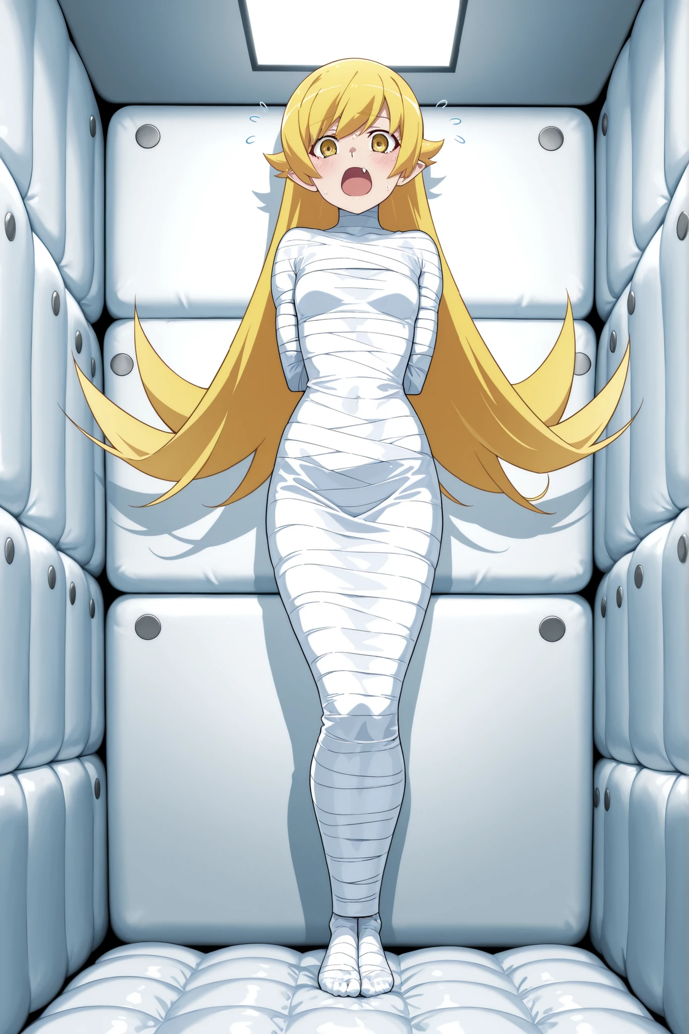 ,Monogatari Seriesoshino_shinobu, oshino shinobu, blonde hair, very long hair, yellow eyes, fang, pointy ears,
,White bandage,All White tape,Mummification Bondage of White,White mummy,White mummification,White mummified,feet together,bondage,wrappedupgirl,Arms behind the body,Arm Mummification,
,Arms are pressed against the back,There is no space between the body and the arms,Hands behind the body,
,Mummification of both heels together,
,(masterpiece, best quality),anime style,beautiful girl,high resolution,vivid colors, extremely detailed,Ultra detail: 1.3,Vibrant colors,anime screenshot,
,Background an unadorned white Padded room,Background Small a featureless white room,
,1girl,solo,
,Whole full body,full body in frame,,face visible,,close-up,face focus,
,looking at viewer, direct eye contact,turned head,
,wide open eyes, panic expression, screaming, sweat drops, cartoonish face, dynamic pose,