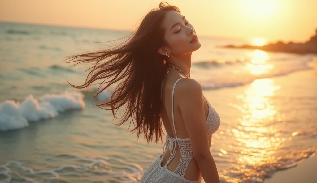 top-quality、beautiful japanese female、Superb view、on a cliff、off-shoulder:1.2、micro bikini:1.2、huge tit、The wind is blowing