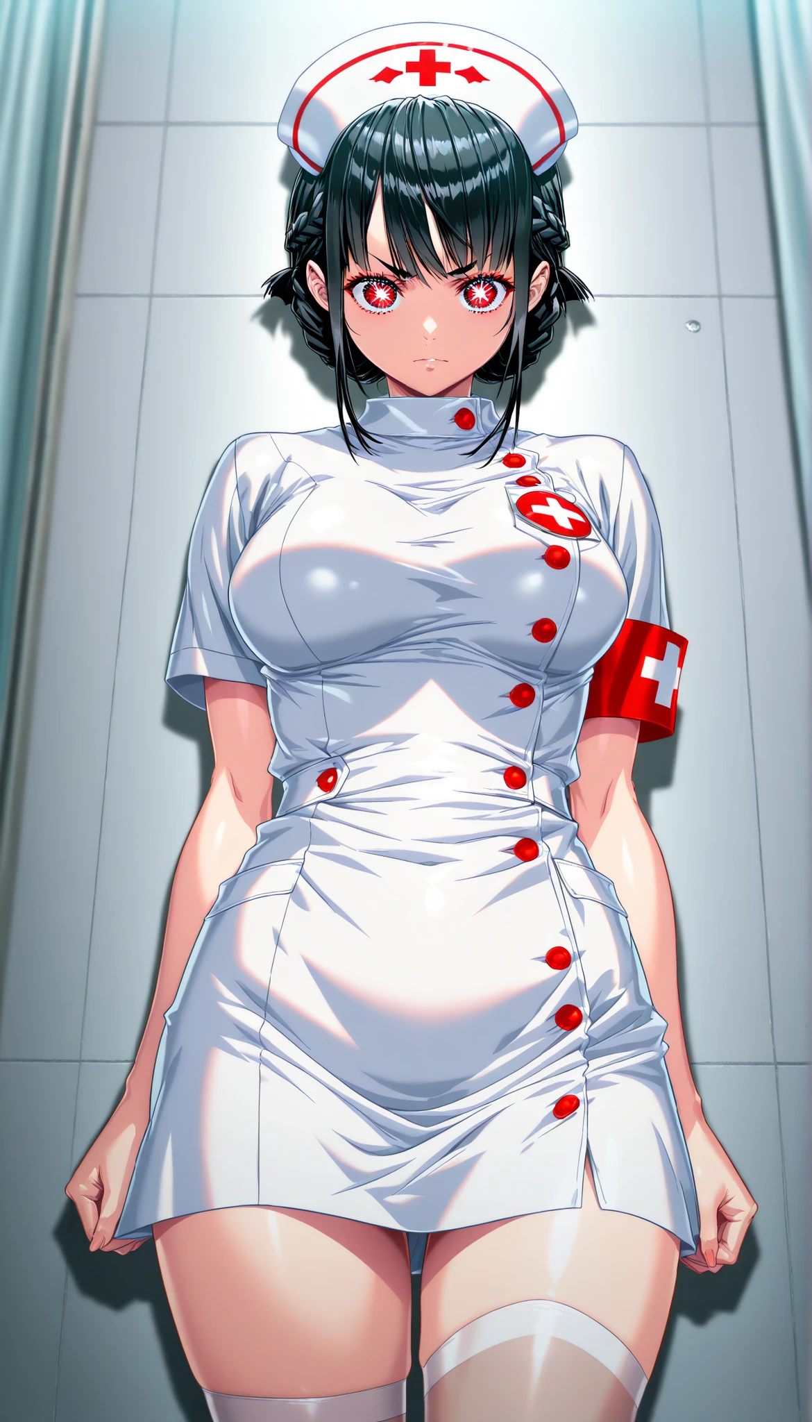 (Yokota Mamoru style),charming smiles,A Woman, beautiful, ((wear black nurse clothes , nurse clothes based on black、with red accents, black hair, folded braids)), PURE BITCH, captivating body, ( raise eyebrows, evil_eye _sigma), sexy body, beautifuleye, beautiful唇, long eyelashes, (Stand against the wall ), dramatic lighting , sexy vibe , clinic background , Precise medical equipment , Attractive light , bright color, shallow depth of field , is photogenic, super high resolution, raw photo, ( top quality:1.2, very detailed , detailed CG illustration , soft focus , masterpiece:1.2, Best Aesthetics),