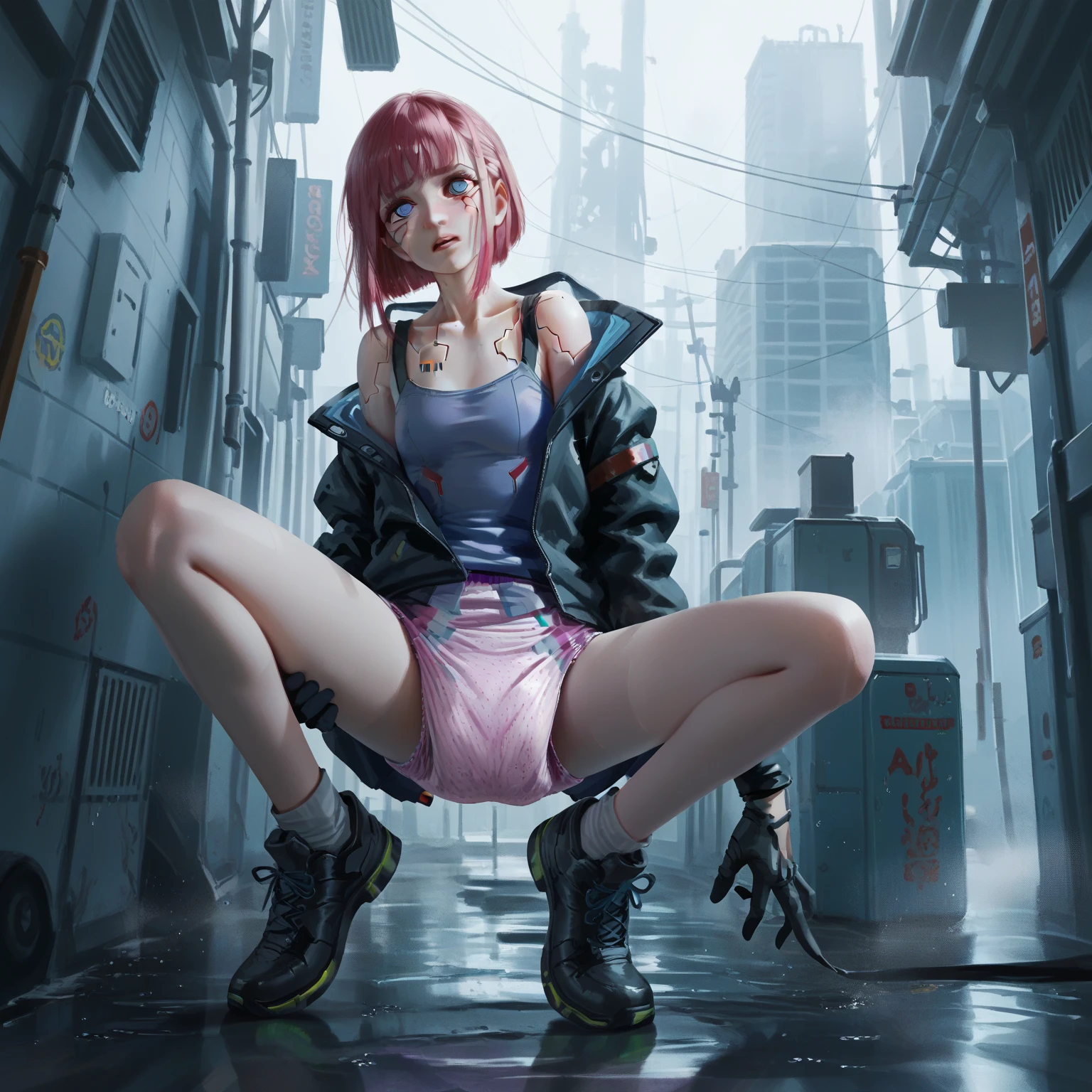 ((medium breast, tomboy girl, small head)), daylight, sunlight, (perfect body : 1.1), (young), (short wavy hair : 1.2) , choker, full body shot,  ((wearing a pink see-through tight wet tube crop top)), ((miniskirt)), (extremely detailed CG 8k wallpaper), (an extremely delicate and beautiful), (masterpiece), (best quality:1.0), (ultra highres:1.0), beautiful lighting ,stiff nipple, cameltoe, perfect lightning,pulling skirt, realistic shadows, [highres], detailed skin, ultra-detailed, spread thigh, one leg up, squatting on the floor, black thighhigh, boots, large earring, thighs, (((colorful))), (loosely worn top), beauty mark, angle from below suitable for viewing in public places, perfectly