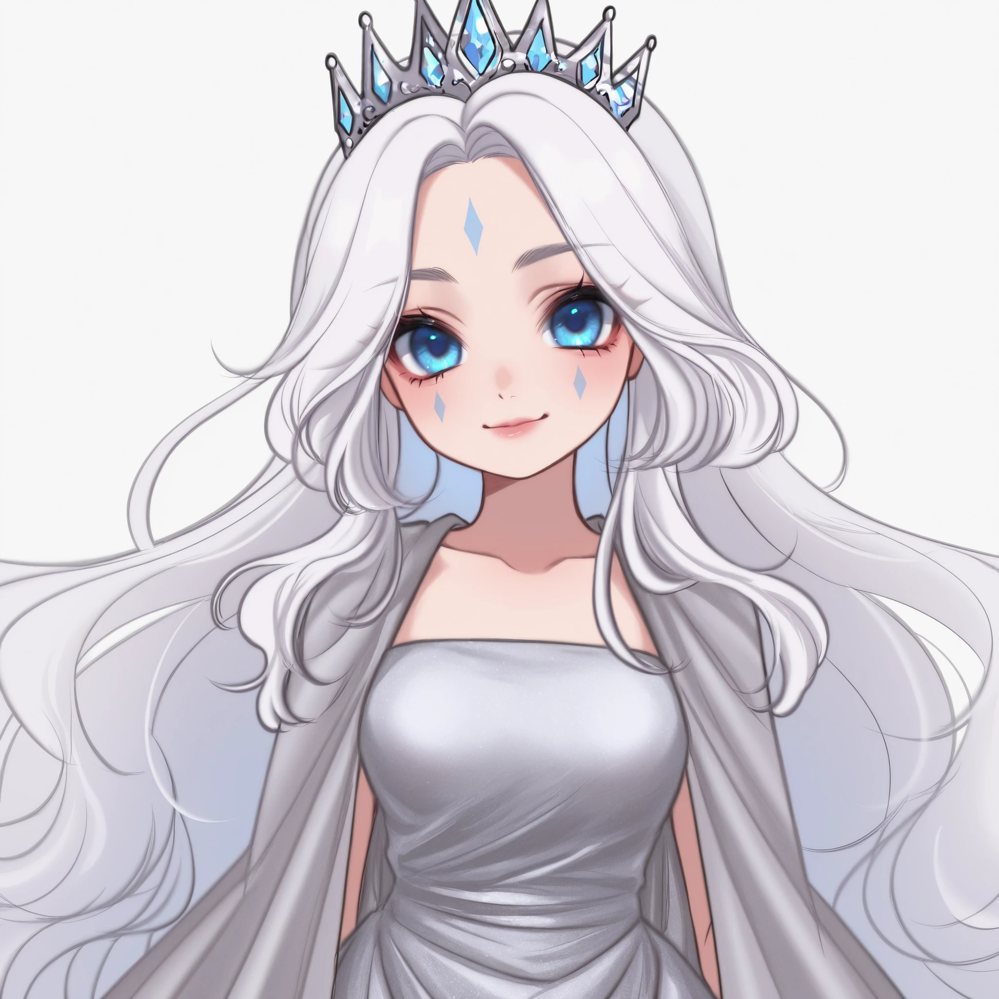  ,youngMoonbutterfly, 1girl, long hair, solo, silver dress, crown, white hair, facial mark, very long hair, standing, blue eyes, looking at viewer, cowboy shot,simple background, smile,