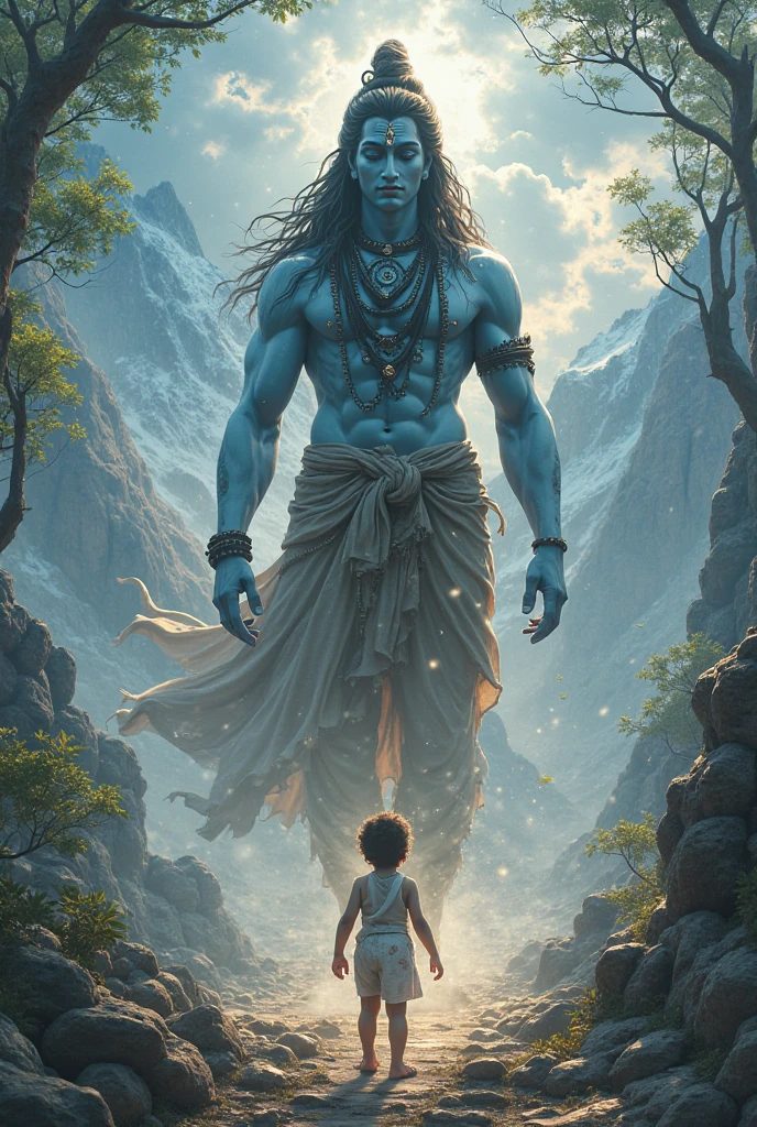 A small boy with medium hair stops lord Shiva from entering into a palace in Himalayas 
Boy has stick with one hand and stops lord Shiva fromm the other hand
Boy wears old style dhoti orange
