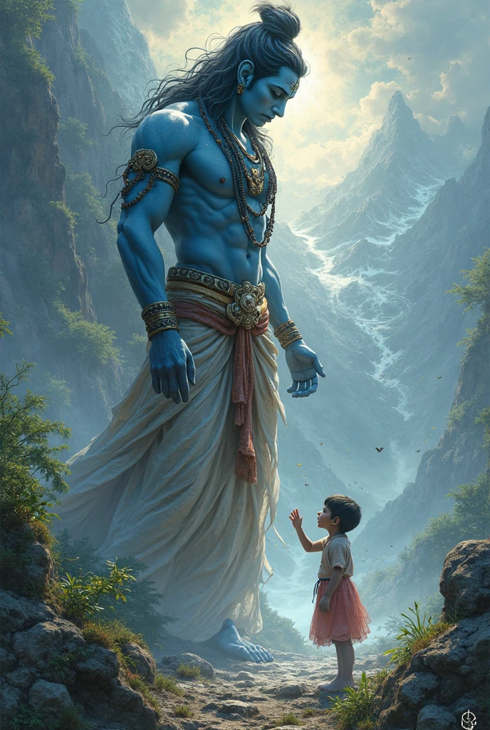 A small cute boy is stopping Lord Shiva from entering into a palace 
The boy should hold a stick in one hand and other showing lard Shiva to not enter into the palace
It's a very old age story , the dress of the boy should be accordingly 
Background has to be Himalayas 