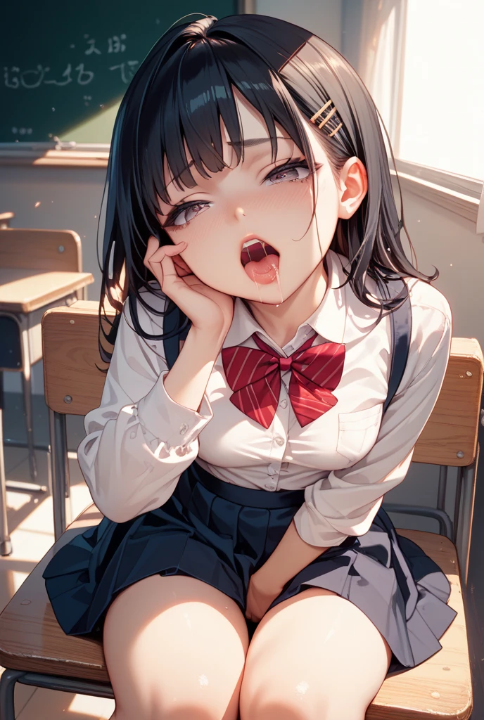 masterpiece, top quality, raw photo, photorealistic,Mischievous and playful girl ,big brest,,Tongue out,slaves,Saliva, droolng, All sweaty, Covered in sweat,school uniform,classroom,JapaneseJK,pale skin,
