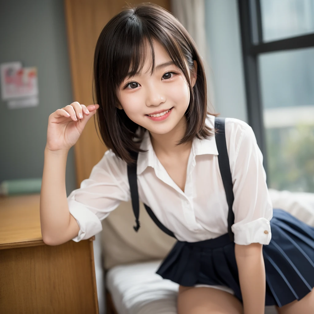 High resolution, Super detailed, Realistic, 1 beautiful Japan schoolgirl, Highly detailed beautiful face, Short Bob、Black Hair, Beautiful feet, A light smile, Sports underwear, classroom