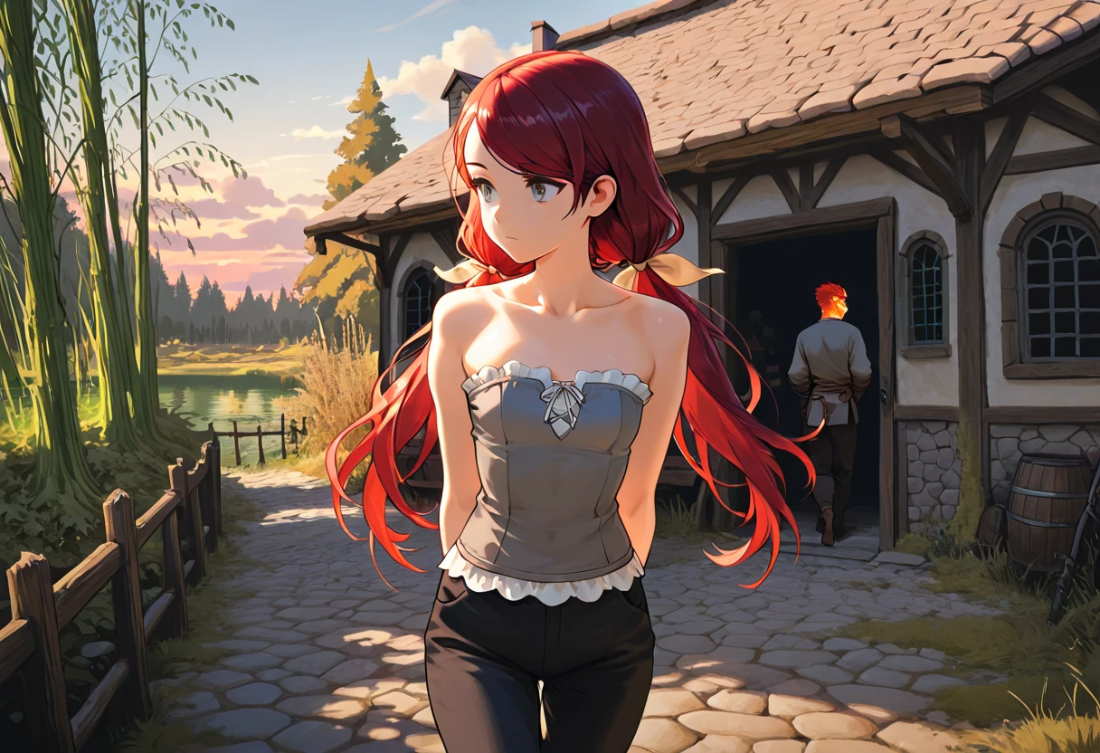 Anime, (((destroyed medieval town, collapsed bar))), red hair, pony tail, red eyes, medium breasts, (dirndl), (torn clothes), no bra, bottomless, show off pussy, disdain, contemptuous, disgust, scared, cry, skyporn, Areola,big areolae, puffy nipples, bare nipples, ((best quality)), spread pussy, sexual fluid, pussy juice, drooling, dirty skin, being raped, topless