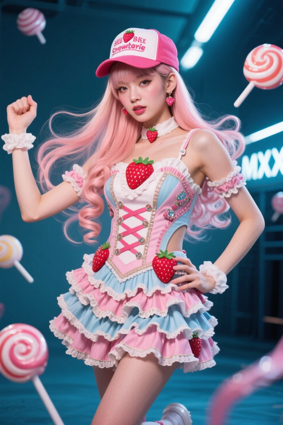 best quality, highres, ultra-detailed, realistic, vivid colors, portraits, candy, whimsical, vibrant, colorful, magical, imaginative, delicious-looking, golden ticket, chocolate river, fantastical candy creations, eccentric fashion, top hat, cane, candy cane, swirling colors, enchanting, joyful, fun-filled, larger than life, whimsical factory, sweet aroma, sugary treats, mouthwatering delights, mischievous smile, creativity, playfulness, wonder, sugar rush, candy-themed landscape, candy waterfall, lollipop trees, chocolate mountains, candy clouds, delightful surprises, childhood magic, indulgence, sweet dreams.(( hot 25 yo female wonka,))