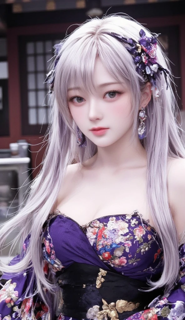 (Hyper Real), ancient shrine maiden, female shaman, giant beauty, safe, high resolution, real short hair, blonde, blonde woman, skin texture details, super high resolution, realistic, plump figure, smile, beautiful expression, small purple hair Airy long blonde hair, divine spirit, very delicate and detailed skin texture, (ancient luxury luxury temple), ancient priestess, big cleavage, plunging neckline, big red lips , (luxurious black costume and luxurious accessories)