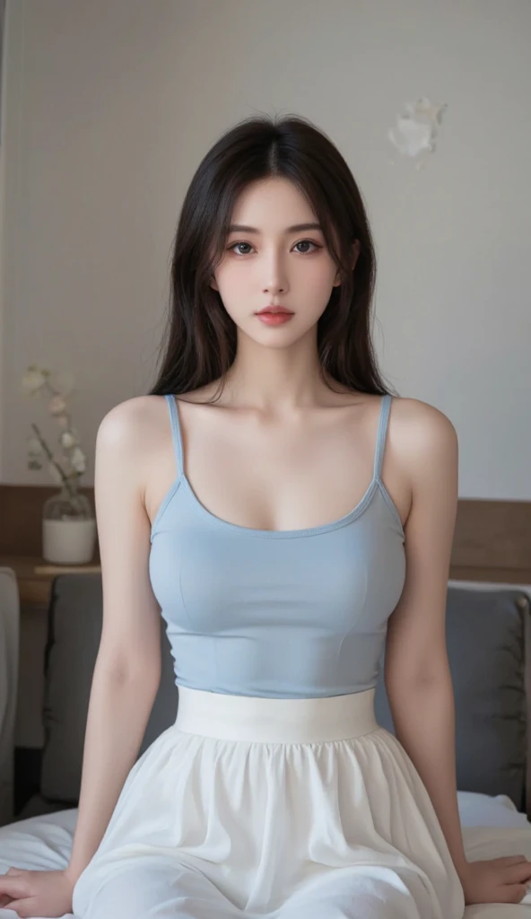 ((((top-quality))))、(((Ultra Precision CG16K Wallpapers)))、(((​masterpiece)))、(((ultra-detailliert)))、(((Ultra-extreme details)))、１Man Woman、a matural female、a 25yo woman、((Japanese face))、((extremely beautiful face))、((sasaki nozomi:1.5))、((Straight semi-long hair:1.3))、(shinny hair)、Bangs up to the eyebrows、Beautiful brown hair、Beautiful delicate eyes、Brown eyes、raised eyebrows、lofty nose、small nostrils、small mouth、seductive lips、slightly open mouth、Beautiful breasts、C-cup size breasts、cleavage of the breast、Plump body、perfectly proportions、perfect anatomia、perfect-composition、beautiful detailed shading、Beautiful natural lighting、Beautiful detail glow、depth of fields、(((a high chroma)))、(((realisitic:1.9)))、((Vivid:1.4))、((Beautiful skin))、((Skin texture))、((Realistic skin feeling))、(((Head-to-thigh shot:1.5)))、((Frontal angle:1.5))、((a smile:1.4))、(Eyes looking at me)、Bright sunshine、(((Stand in front of a white wall:1.5)))、(standing pose)、(((Dark blue camisole clothing:1.6)))、